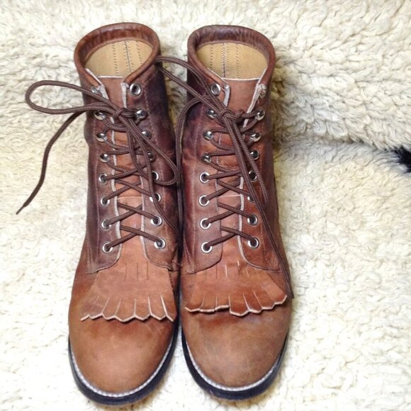 VINTAGE Justin Kiltie Roper boots, 3 1/2D BROWN leather, Fringe, Grunge, Cowgirl - Picture 1 of 9